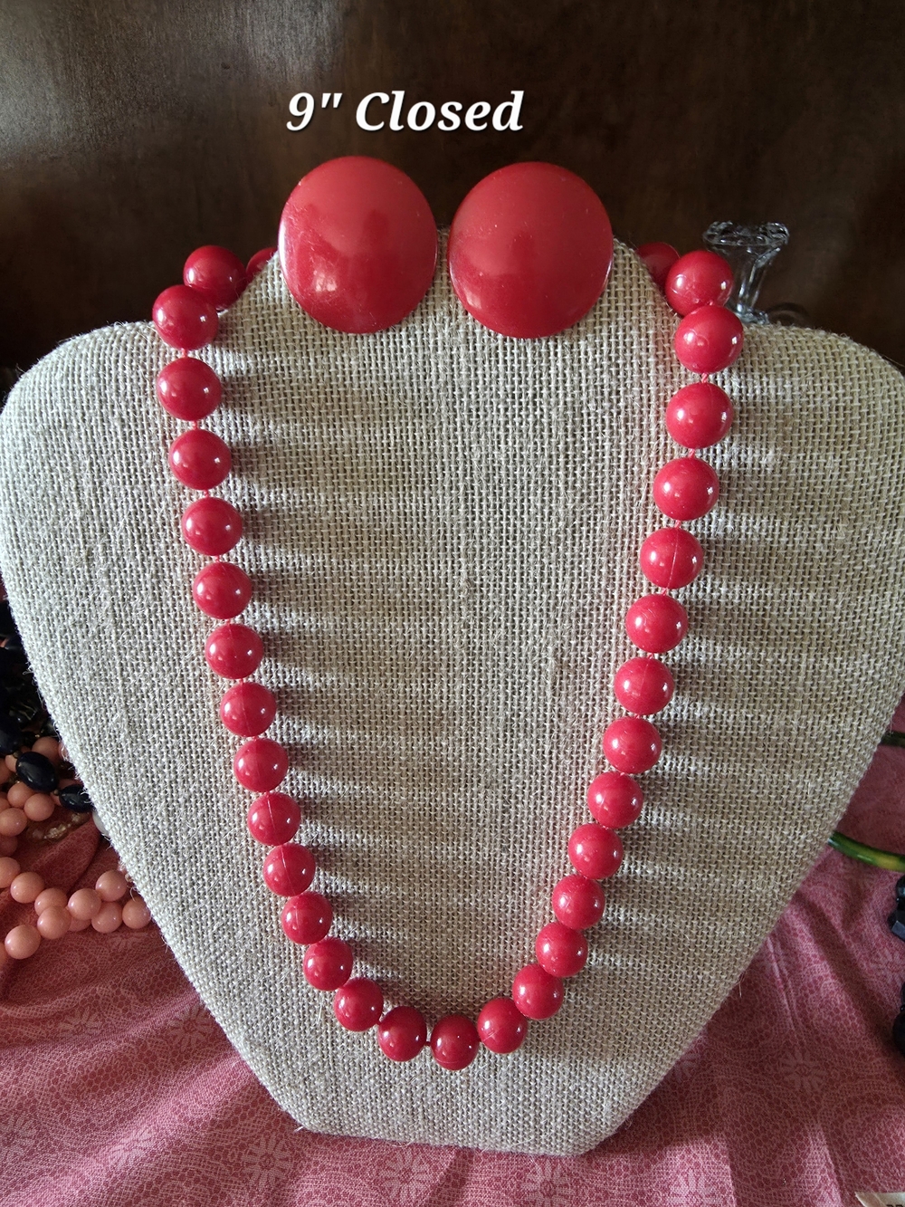 Vintage Red Beaded Necklace and Clip-On Earrings Set - Women Jewelry